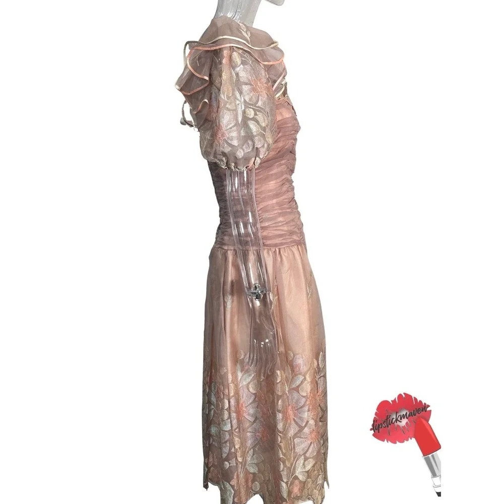 Vintage Party Dress Women 8 Pink‎ Floral Ruffle Puff Sleeve Girly